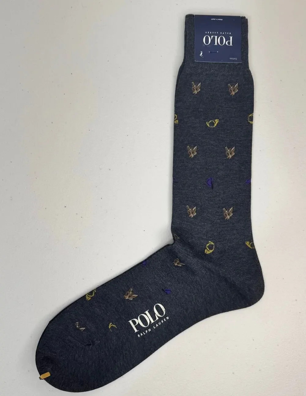 Polo Ralph Lauren Charcoal Gray Cotton Blend Dress Socks Fox Hunt Horn Print VTG